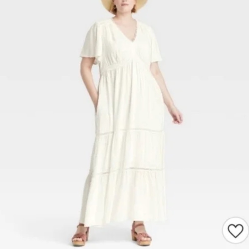 (2X)- Knox Rose White V-neck SS Swiss Dot Tiered Cottage Core Maxi Dress